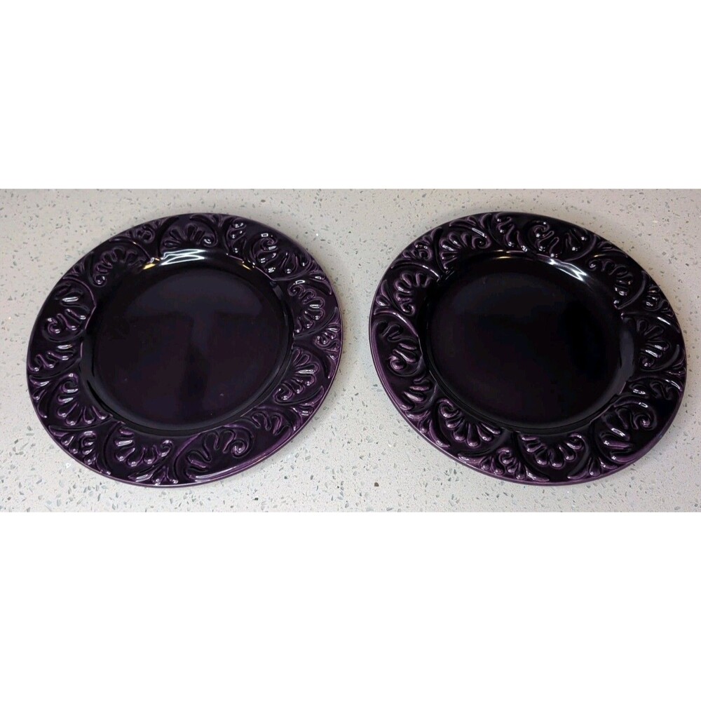 2 Vtg Deep Purple Salad Plates Portugal Raised Design Eggplant Plum Lunch